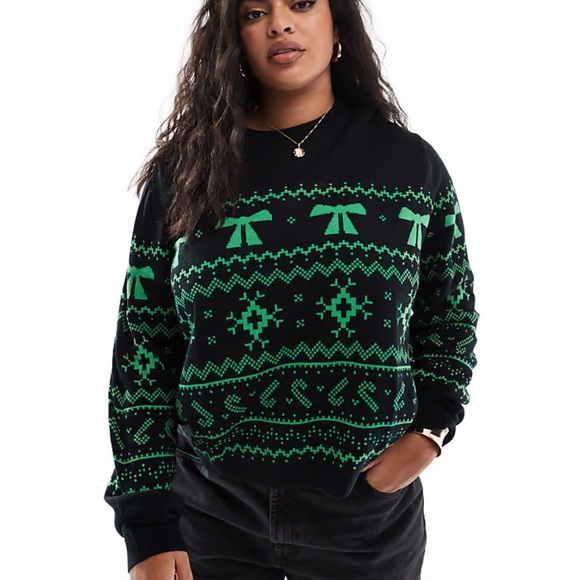 ASOS Design Fair Isle Green Bow Holiday Sweater Women’s Size 2XL Black - Picture 1 of 7
